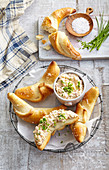 Beer white bread rolls with camembert spread