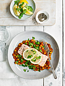 Grilled fish with spiced chickpea stew