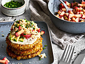 Potato and carrot fritters with apple salsa