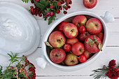 Suppenterrine mit Äpfeln und Zieräpfeln, Schafgarbe, unreife Brombeeren und Chrysanthemenblüte