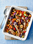Sausages bake with vegetables