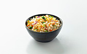Chinese rice with egg and vegetables, a blue bowl