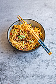 Bowl of noodles with ground pork