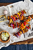 Indian seitan and vegetable skewers with coconut and lime chutney