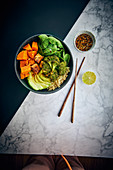 Vegan poke bowl with sticky tofu