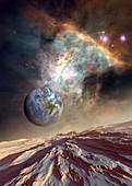 Earth-like exoplanets in Orion nebula, illustration
