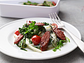 Chard and rocket vegetables on konjac pasta with sucuk
