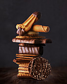 A stack of various biscuits