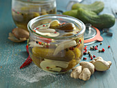 Gherkins with ginger in a preserving jar