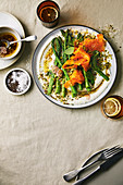 Asparagus and pickled carrot salad with ricotta and pistachio
