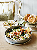 Silverbeet and prawns with fried dough