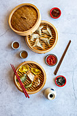 Prawn dumplings and colourful pot stickers