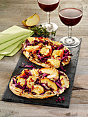 Red cabbage tarte flambée with apple and camembert