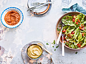 Parsley and caper salad, Romesco sauce, Saffron aïoli