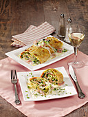 Pasta roll with leek, ham and cheese cream