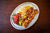 Jujeh kabab (chicken skewers with rice from Tehran)