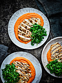 Warmer roter Paprika-Hummus mit Hähnchenbrust und Koriandergrün