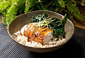 Poke Bowl with kale and chicken breast prepare
