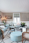 Pale blue upholstered furniture in living room