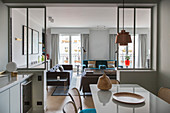 Dining area in kitchen with view into living room