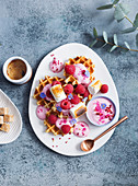 Cream waffles with raspberries and grilled marshmallows