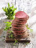 A stack of pepper salami slices