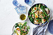 Broccolini and bean chicken salad with pistachio dressing