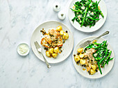 Chicken piccata with garlicky greens and new potatoes