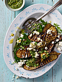 Grilled aubergine steaks with feta and rocket pesto