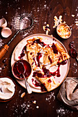 Pancakes with greek yoghurt and cherry jam