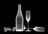 Sparkling wine bottle with glasses and corks, X-ray