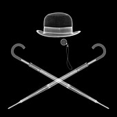 Bowler hat monocle and two umbrellas, X-ray