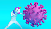 Unicorn fighting coronavirus, conceptual illustration