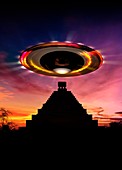 UFO over Mayan pyramid, illustration