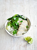 Coconut and lemongrass poached chicken with lime rice