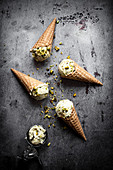 Pistachio Ice Cream In Waffle Cones