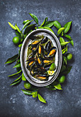 Mussels in green herb and white wine sauce with lemon on dark background