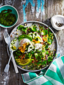 Breakfast Salad with Poached Eggs and Kale Pesto