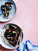 Mussels with garlic chives and ginger rice