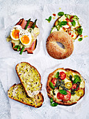Croque Madame, Zucchini and Haloumi Bagel, Grilled bread and Caprese with Pesto