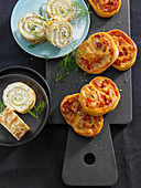 Pancake and feta rolls, chorizo bread snails