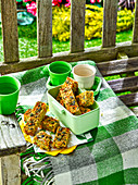 Spicy flapjacks with cheese, seeds and chives for a picnic