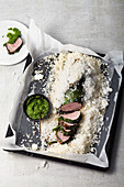 Veal fillet cooked in wild garlic and sea salt