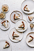 Pieces of vegan tart with coconut cream and white currants