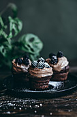 Chocolate cupcakes with coffee cream and blackberries sprinkled with powdered sugar
