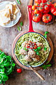 Spaghetti with Pesto Genovese and meatballs