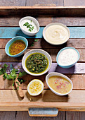 Salsa verde, mayonnaise, French dressing, vinaigrette and a potato and yoghurt dressing