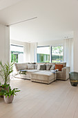 Hellgraues modernes Sofa im hellen offenen Wohnzimmer