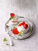 Coconut dream and yogurt mousse with strawberry puree
