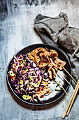 Satay with peanut sauce and red cabbage salad in Thai style